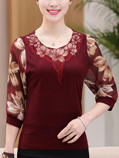 Wine Red  Loose Linking Printed Blouse Plus Size Floral Top for Casual Party