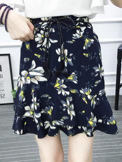Blue Slim Printed Fishtail Band High Waist Floral Skirt for Casual Party