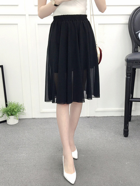 Black Slim A-Line Chiffon Adjustable Waist High Waist See-Through Skirt for Casual Party Office Evening