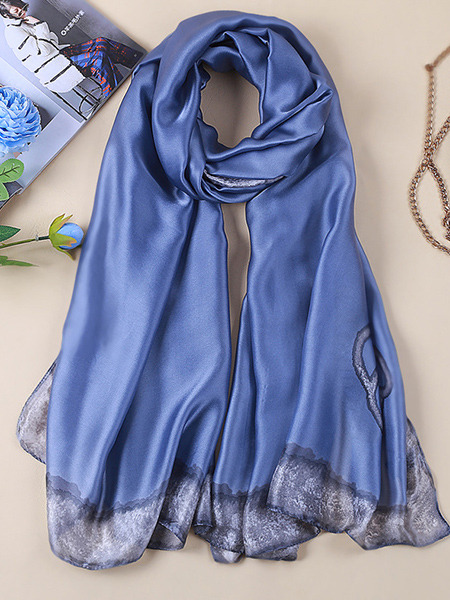 Blue Satin Ink Painting Windproof Polyester Scarf