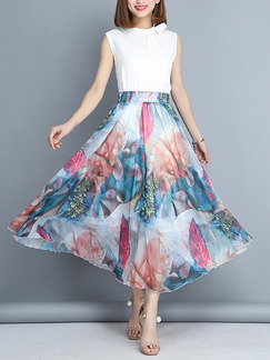 Colorful Chiffon Loose A-Line Printed Adjustable High Waist Double Layer Skirt for Casual Party Beach