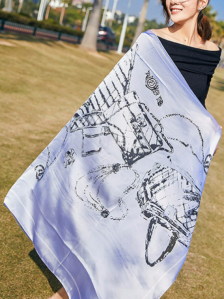 Blue and Black Long Printed Sun Protection Polyester Scarf