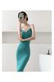 Summer New Hong Kong Style Sexy Dopamine Wear Base Knitting Suspender Skirt Fitted Waist Backless Inner Wear Dress Women - Teal
