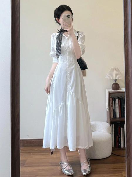 French Style High-Grade Puff Sleeve White Shirt Dress Women's Summer Temperament Long Dress Small Waist-Slimming Dress - White