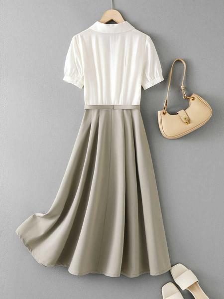 Tencel Fake Two-Piece Design Contrasting-Color Dress Women's 2025 Summer New Slim Fit Temperament Dress - Cream and Olive Green
