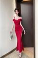 Red Light Luxury Sexy Celebrity Style Off-Shoulder Suspender Dress with Tassels and Slits to Show Legs and Slim Banquet Dress Long Skirt