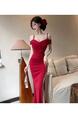 Red Light Luxury Sexy Celebrity Style Off-Shoulder Suspender Dress with Tassels and Slits to Show Legs and Slim Banquet Dress Long Skirt