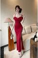 Red Light Luxury Sexy Celebrity Style Off-Shoulder Suspender Dress with Tassels and Slits to Show Legs and Slim Banquet Dress Long Skirt