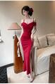 Red Light Luxury Sexy Celebrity Style Off-Shoulder Suspender Dress with Tassels and Slits to Show Legs and Slim Banquet Dress Long Skirt