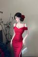 Red Light Luxury Sexy Celebrity Style Off-Shoulder Suspender Dress with Tassels and Slits to Show Legs and Slim Banquet Dress Long Skirt