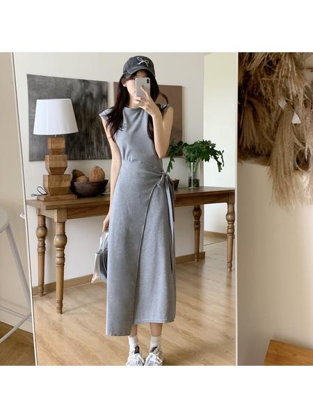 Gray French Style Plus Size 2025 New Short Sleeve Lace-up Waist-Controlled Dress Women's Summer Design Sense Niche Temperament Dress