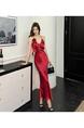Red In Stock! 25 Summer French Style Irregular Ruffled Backless Satin Suspender Skirt Women's Slim Fit Fishtail Gown Dress