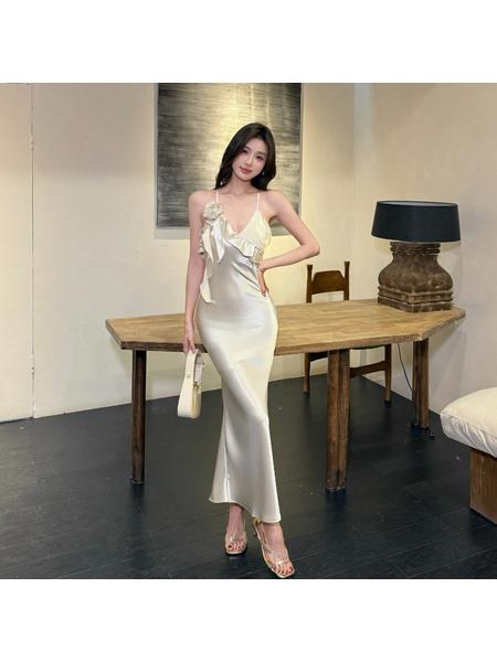 Champagne In Stock! 25 Summer French Style Irregular Ruffled Backless Satin Suspender Skirt Women's Slim Fit Fishtail Gown Dress