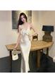 Champagne In Stock! 25 Summer French Style Irregular Ruffled Backless Satin Suspender Skirt Women's Slim Fit Fishtail Gown Dress