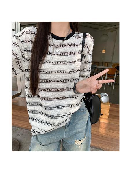 Real Shot Cost-Effective Mixed Color Stripe Shoulder Short-Sleeved T-Shirt Women's Summer 2025 New Design Sense Half-Sleeved Loose Top Cream and Black