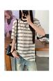 Real Shot Cost-Effective Mixed Color Stripe Shoulder Short-Sleeved T-Shirt Women's Summer 2025 New Design Sense Half-Sleeved Loose Top Cream and Black