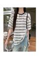 Real Shot Cost-Effective Mixed Color Stripe Shoulder Short-Sleeved T-Shirt Women's Summer 2025 New Design Sense Half-Sleeved Loose Top Cream and Black