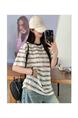 Real Shot Cost-Effective Mixed Color Stripe Shoulder Short-Sleeved T-Shirt Women's Summer 2025 New Design Sense Half-Sleeved Loose Top Cream and Black