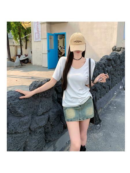 Real Shot Cost-Effective Shoulder Short-Sleeved T-shirt for Women 2025 New Fashion V-neck Shoulder Summer Loose All-Matching Top Women White