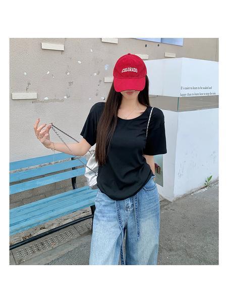 Real Shot Cost-Effective Shoulder Short-Sleeved T-shirt for Women 2025 New Fashion V-neck Shoulder Summer Loose All-Matching Top Women Black