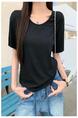 Real Shot Cost-Effective Shoulder Short-Sleeved T-shirt for Women 2025 New Fashion V-neck Shoulder Summer Loose All-Matching Top Women Black