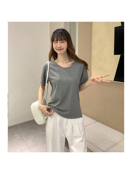 Real Shot Cost-Effective Shoulder Short-Sleeved T-shirt for Women 2025 New Fashion V-neck Shoulder Summer Loose All-Matching Top Women Gray