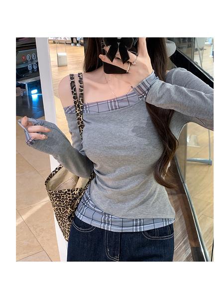 Real Shot Cost-Effective Off-Shoulder Long-Sleeved T-shirt for Women 2025 Summer New Design Sense Stitching Off-Shoulder Slim Fit Slimming Top White