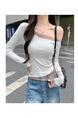 Real Shot Cost-Effective Off-Shoulder Long-Sleeved T-shirt for Women 2025 Summer New Design Sense Stitching Off-Shoulder Slim Fit Slimming Top Gray