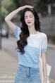 Dingdar Gradient Short-Sleeved Sweater for Women 2025 Summer New Loose Design in Light Blue Short Top