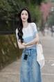 Dingdar Gradient Short-Sleeved Sweater for Women 2025 Summer New Loose Design in Light Blue Short Top