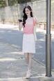 Dingdar Gradient Short-Sleeved Sweater for Women 2025 Summer New Loose Design in Pink and White Short Top