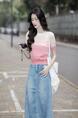 Dingdar Gradient Short-Sleeved Sweater for Women 2025 Summer New Loose Design in Pink and White Short Top
