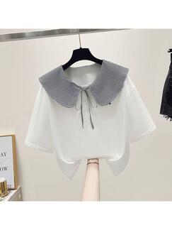 Real Shot 2025 Summer New Women's College Style Plaid Peter Pan Collar Short Sleeve Sweet Girl Top in White and Black