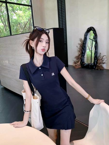 Real Shot Cost-Effective Preppy Style Polo Dress Women's Summer New Waist Slimming Temperament Leisure A-line Dress Long Skirt in Navy Blue