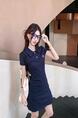 Real Shot Cost-Effective Preppy Style Polo Dress Women's Summer New Waist Slimming Temperament Leisure A-line Dress Long Skirt in Navy Blue