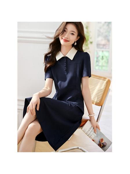 Spot Contrast Color Puff Sleeves Age-Reducing Lively Temperament Dress 2025 Summer New Splicing Lapel Skirt in Navy Blue