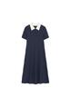 Spot Contrast Color Puff Sleeves Age-Reducing Lively Temperament Dress 2025 Summer New Splicing Lapel Skirt in Navy Blue
