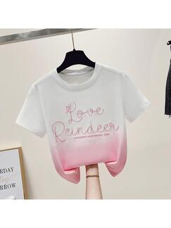 Real Shot 2025 Summer Little Fresh New Gradient Color Cotton Round Neck High-End Craft Embroidery Fitted Short T-shirt in White and Pink for Women