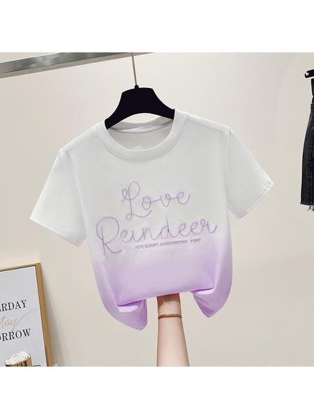 Real Shot 2025 Summer Little Fresh New Gradient Color Cotton Round Neck High-End Craft Embroidery Fitted Short T-shirt in White to Lavender for Women