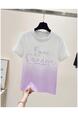 Real Shot 2025 Summer Little Fresh New Gradient Color Cotton Round Neck High-End Craft Embroidery Fitted Short T-shirt in White to Lavender for Women
