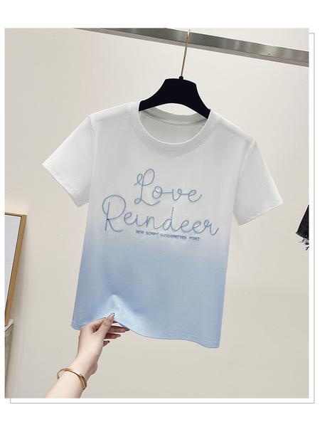 Real Shot 2025 Summer Little Fresh New Gradient Color Cotton Round Neck High-End Craft Embroidery Fitted Short T-shirt in White to Sky Blue for Women