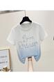 Real Shot 2025 Summer Little Fresh New Gradient Color Cotton Round Neck High-End Craft Embroidery Fitted Short T-shirt in White to Sky Blue for Women