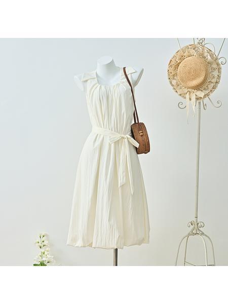 French Sleeveless Vest Dress for Women Summer Tie Waist Seaside Vacation Beach Beautiful Flower Bud Long Skirt - IVORY