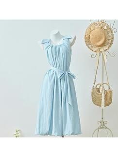 French Sleeveless Vest Dress for Women Summer Tie Waist Seaside Vacation Beach Beautiful Flower Bud Long Skirt - LIGHT BLUE