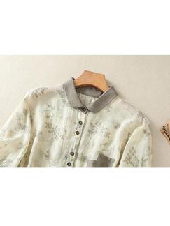Real Shot of 2025 New Art Print Cotton and Linen Shirt Tops Summer New Lapel Patch Pocket Short-Sleeved Shirt - BEIGE