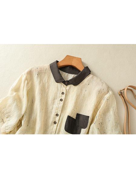 Real Shot of 2025 New Art Print Cotton and Linen Shirt Tops Summer New Lapel Patch Pocket Short-Sleeved Shirt - CREAM