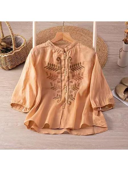 2025 New Natural Style Leaf Embroidery Cotton and Linen Shirt Literary Retro Shirt Women's Loose Casual Summer Top - PEACH