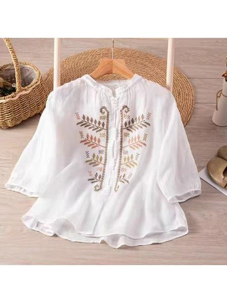 2025 New Natural Style Leaf Embroidery Cotton and Linen Shirt Literary Retro Shirt Women's Loose Casual Summer Top - WHITE