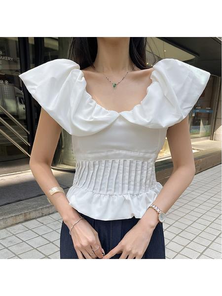 South Korea Summer Pure Desire Off-Shoulder Collar Puff Sleeve Top - WHITE