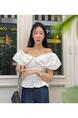South Korea Summer Pure Desire Off-Shoulder Collar Puff Sleeve Top - WHITE